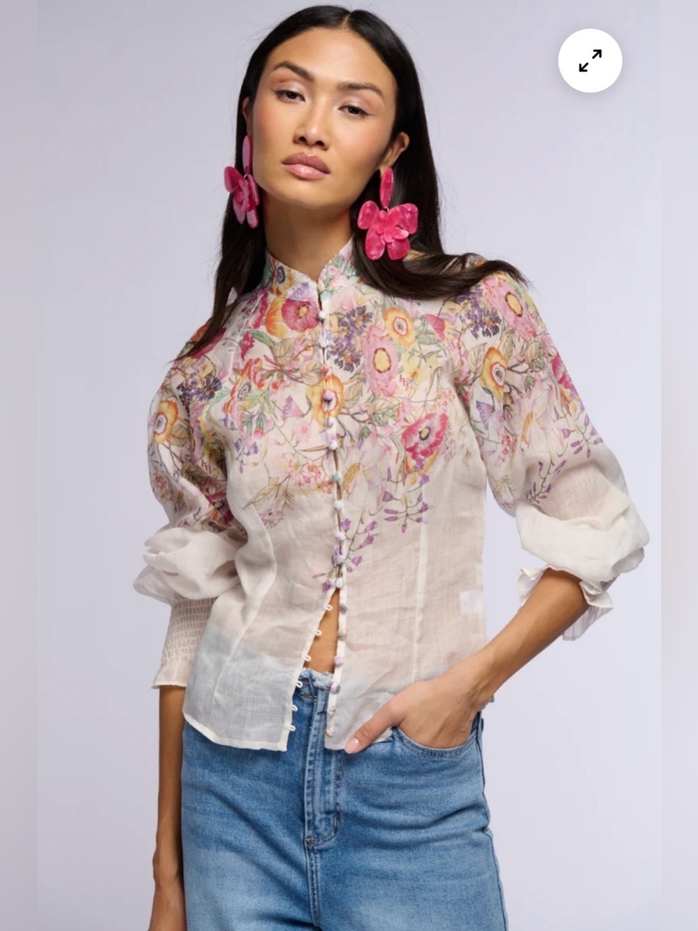 AKIRA Sheer Floral Embroidered Button-Down Blouse - White with Pink & Yellow